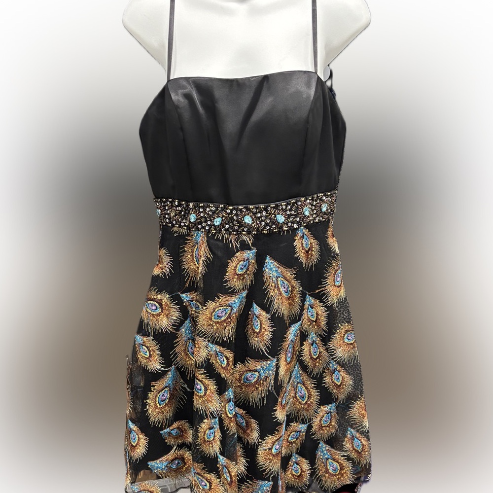 Dave & Johnny Black and Gold Mini Dress with Feather Pattern